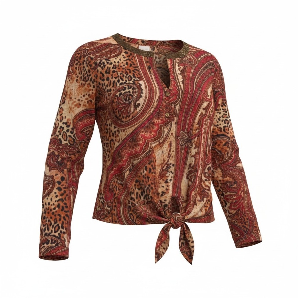 Boho Paisley Animal Print Chico's Blouse Women 1 M Orange Brown Sequin Tie Front